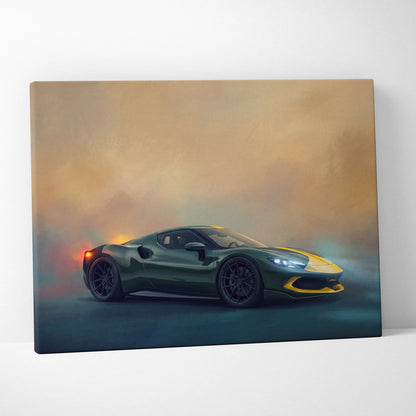 Ferrari sf90 stradale inspired supercar canvas art featuring green and yellow sports car painting for wall decor