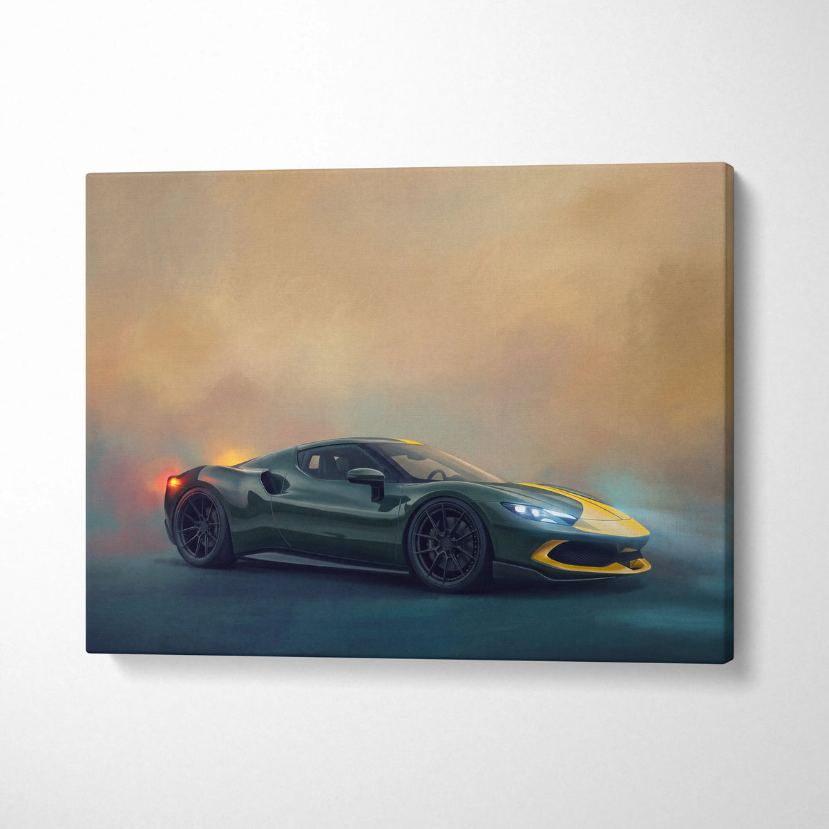 Ferrari sf90 stradale inspired supercar canvas art featuring a sleek dark green and yellow sports car in smoky landscape