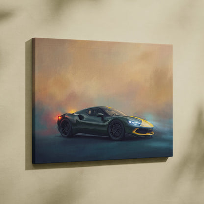 Ferrari SF90 Stradale inspired supercar canvas art featuring a green and yellow sports car with glowing headlights