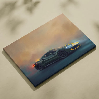 A canvas print of a dark green and yellow Ferrari SF90 Stradale inspired supercar with glowing headlights at sunset