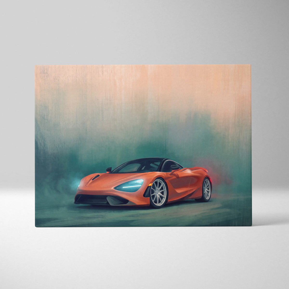 Vibrant orange mclaren 720s sports car in dynamic smoky artistic rendering on track edition canvas wall art print