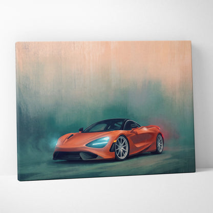 Vibrant orange mclaren 720s sports car in smoky atmosphere on a stretched canvas wall art print track edition