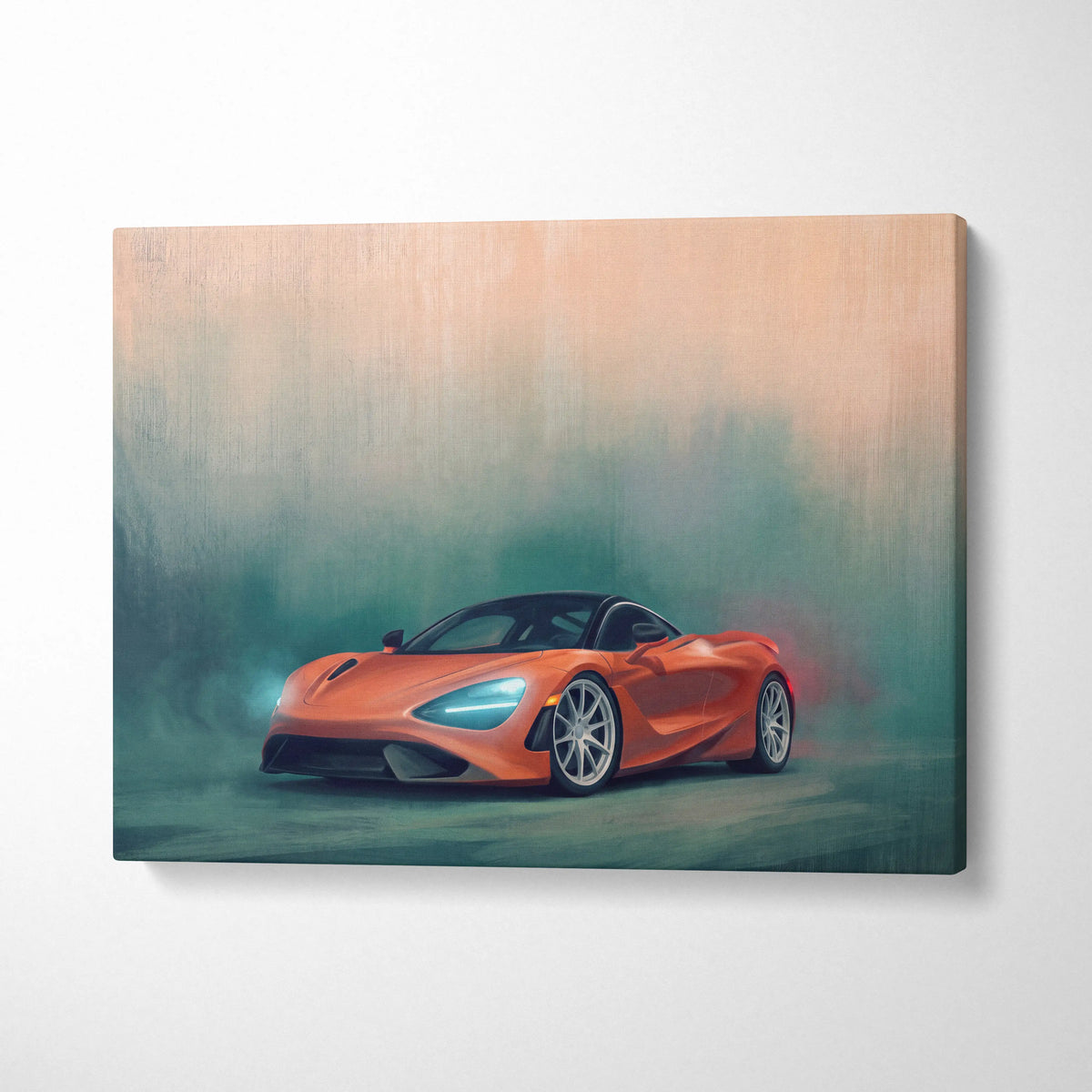 Orange McLaren 720S sports car stylized painting on canvas wall art for track edition car decor