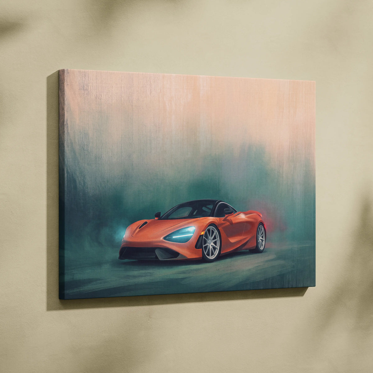 Vibrant orange mclaren 720s sports car in a misty canvas painting print for wall art track edition