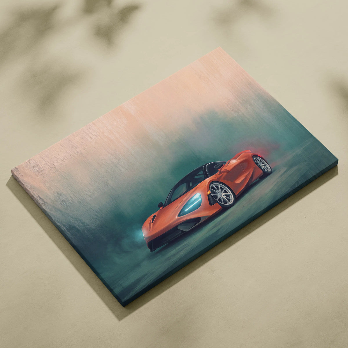 Vibrant orange McLaren 720S inspired sports car painted in dynamic style on stretched canvas wall art print