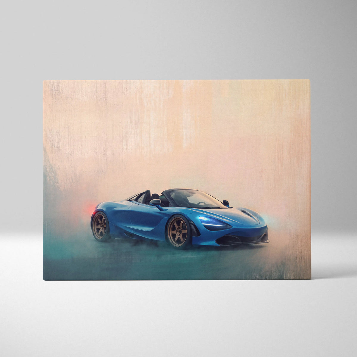 Vibrant blue mclaren 720s convertible sports car in a dynamic misty artistic canvas print wall art