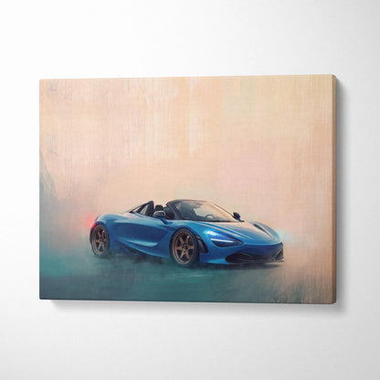 Blue mclaren 720s spider inspired luxury supercar canvas print featuring a convertible sports car image