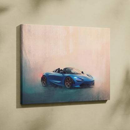Blue mclaren 720s spider convertible sports car canvas painting with misty gradient background luxury wall art print