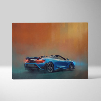 Blue mclaren 720s convertible sports car with glowing red taillights in a dynamic orange-blue painted canvas art print