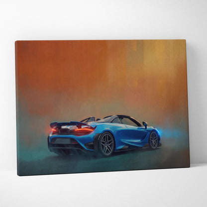 Blue McLaren 720S Spider convertible sports car canvas art print with glowing red taillights on orange-to-teal gradient background