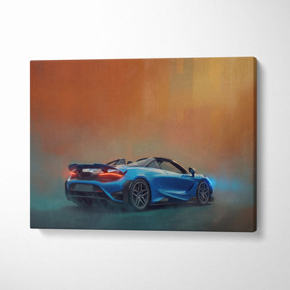 Blue McLaren 720S spider inspired supercar canvas art print featuring a convertible sports car wall decor