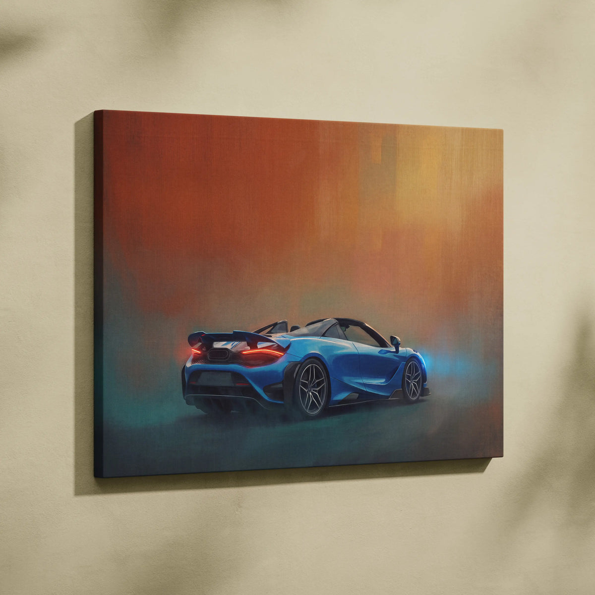 Blue mclaren 720s spider convertible sports car depicted in dynamic atmospheric canvas art custom wall print