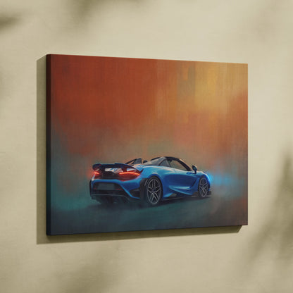 Blue mclaren 720s spider convertible sports car depicted in dynamic atmospheric canvas art custom wall print