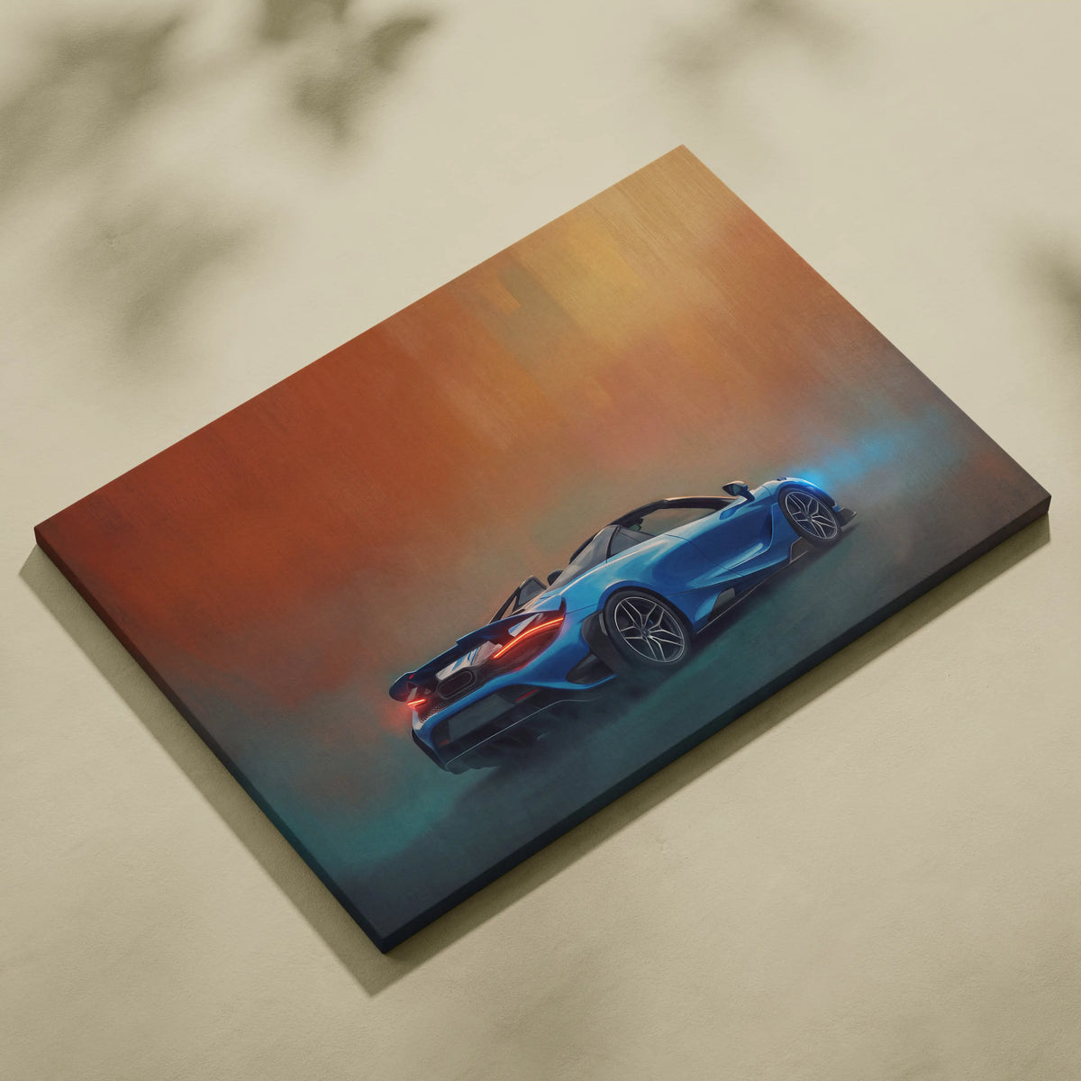 Blue mclaren 720s spider inspired sports car canvas print with glowing red taillights and gradient sunset background