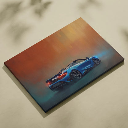 Blue mclaren 720s spider inspired sports car canvas print with glowing red taillights and gradient sunset background