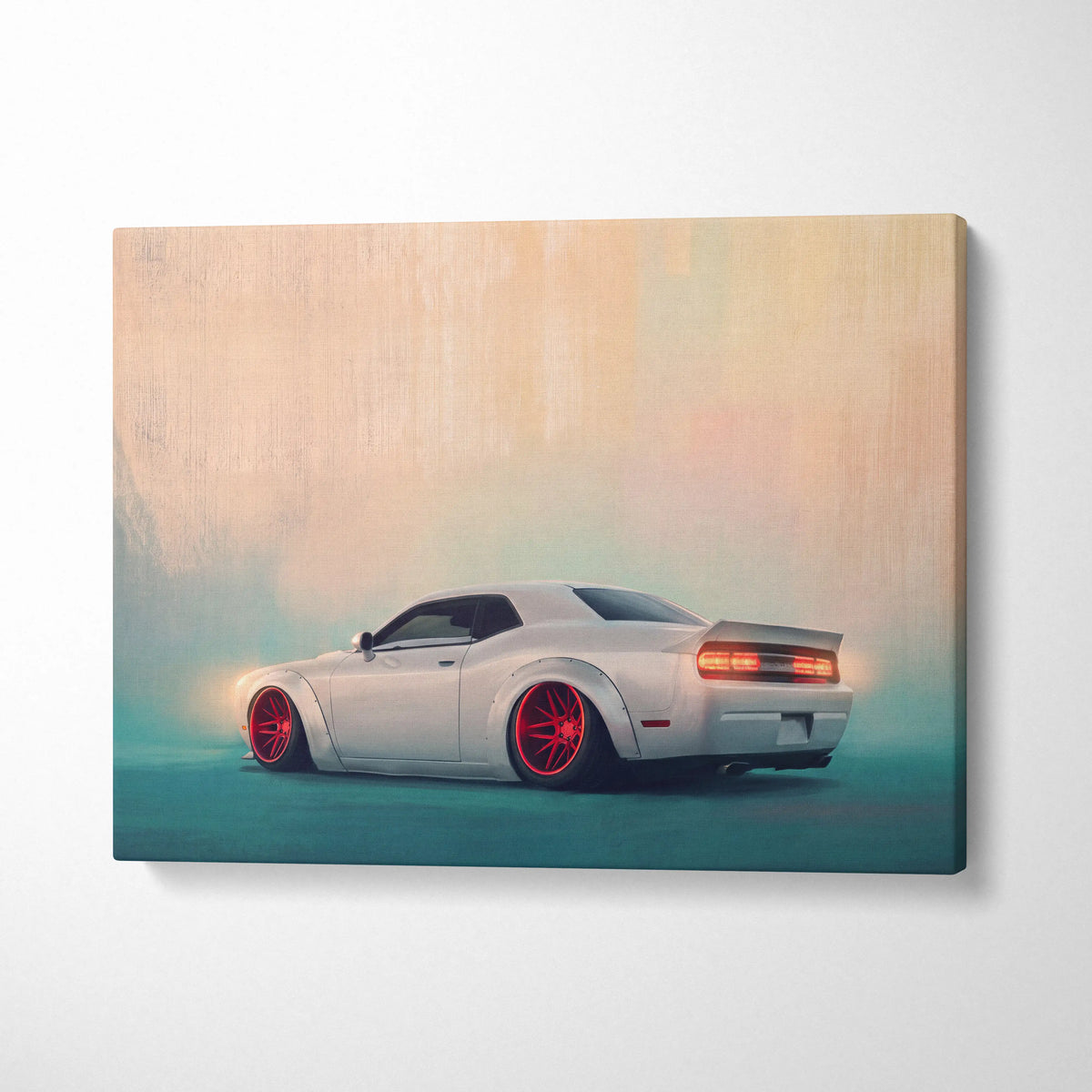 White dodge challenger canvas art with red wheels and glowing taillights widebody muscle car wall decor for bedroom