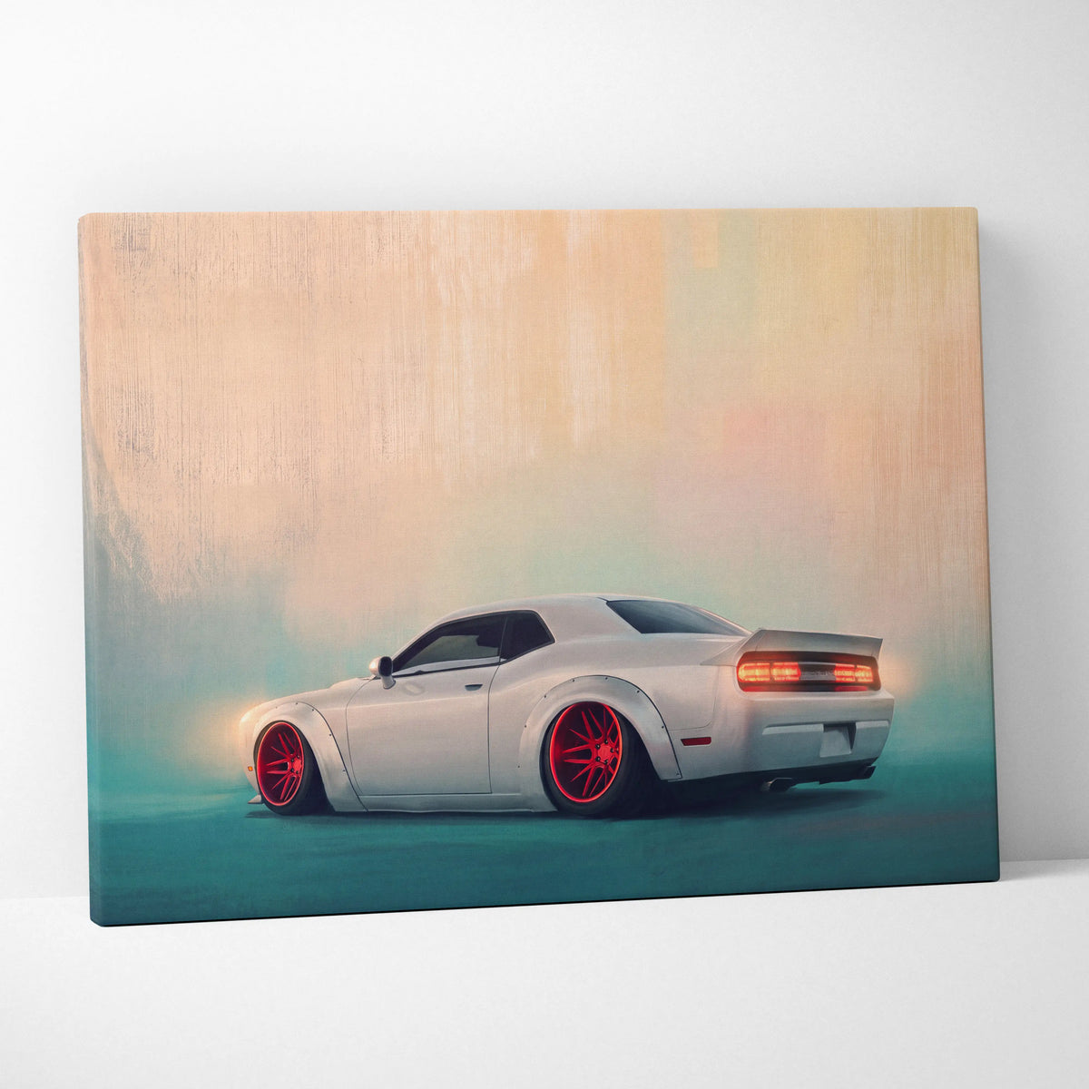 White dodge challenger with red rims on canvas print dodge challenger inspired automotive widebody muscle car wall decor