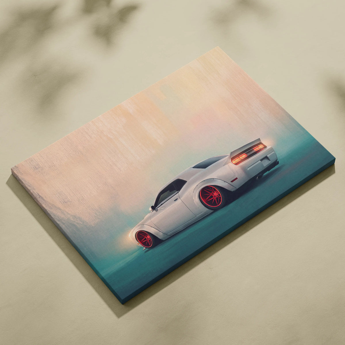 White dodge challenger canvas print with red-accented wheels and glowing taillights for muscle car wall decor