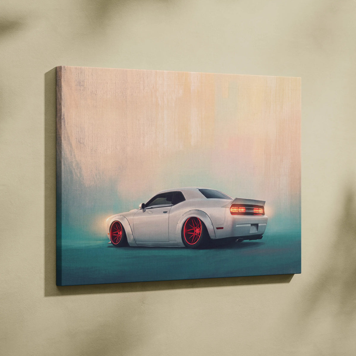 White dodge challenger canvas print with red wheels and glowing taillights widebody muscle car wall decor for bedroom