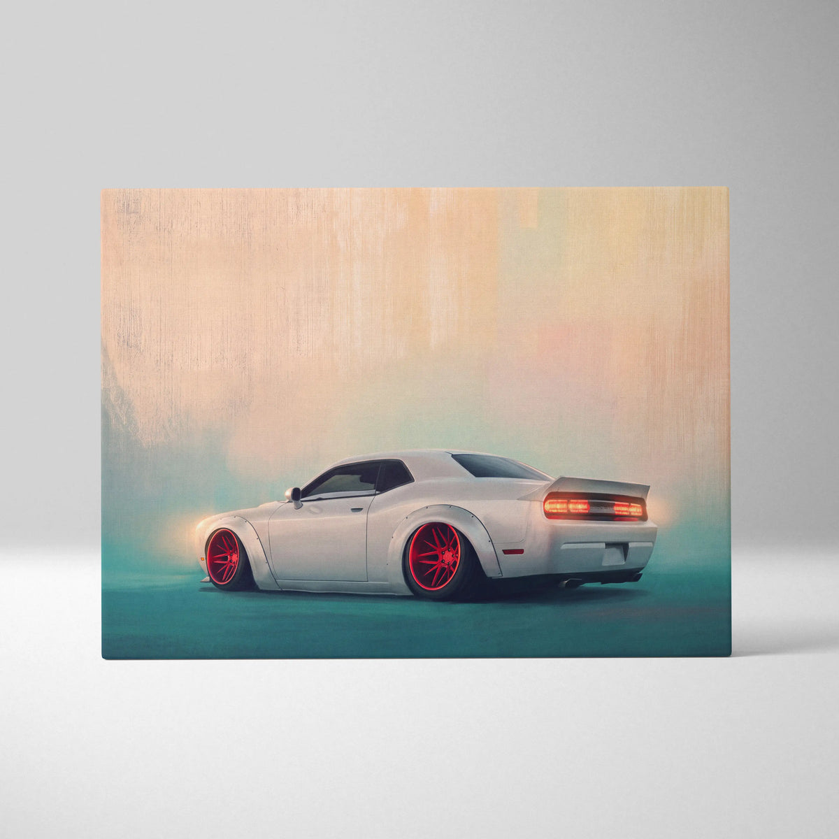 Dodge challenger inspired automotive canvas art featuring a white widebody muscle car with red rims for bedroom wall decor