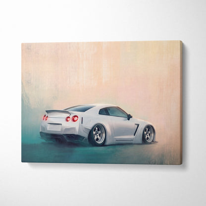 White Nissan GT-R inspired widebody sports canvas print featuring stylized low-profile car with red taillights and custom wheels