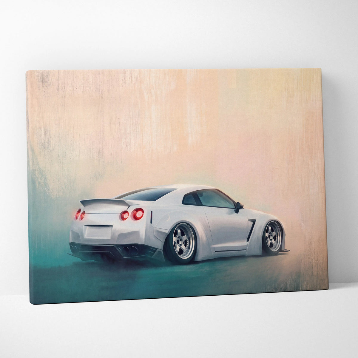 White nissan gt-r widebody sports car canvas print showing back with red taillights and custom alloy wheels