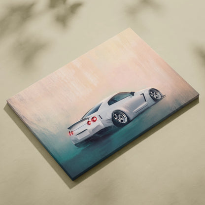 White nissan gt-r canvas print featuring sleek sporty design with red taillights and black rims for wall art