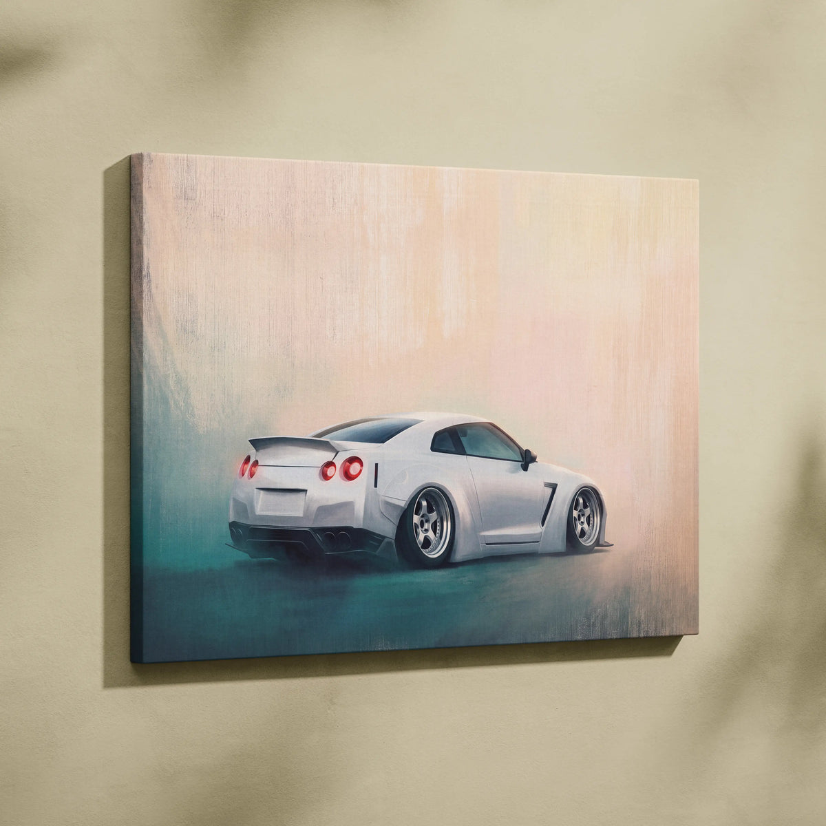 White nissan gt-r widebody sports car canvas print with red taillights and black rims wall art