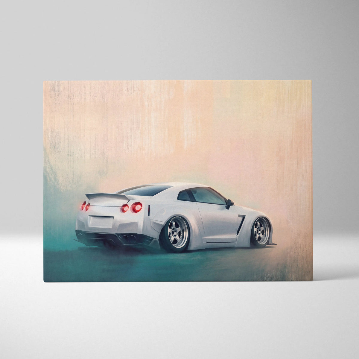 White Nissan GT-R inspired widebody sports car wall art canvas print featuring red taillights and custom alloy wheels