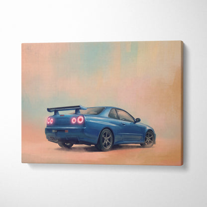 Nissan GT-R R34 Inspired Car Wall Art - Blue JDM Sports Vehicle Canvas Print for Bedroom