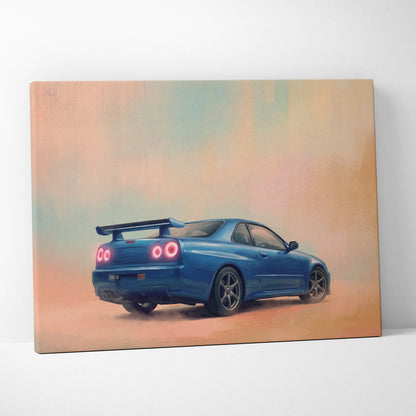 Nissan GT-R R34 Inspired Car Wall Art - Blue JDM Sports Vehicle Canvas Print for Bedroom