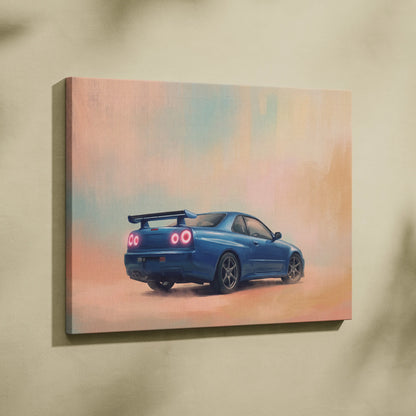 Nissan GT-R R34 Inspired Car Wall Art - Blue JDM Sports Vehicle Canvas Print for Bedroom