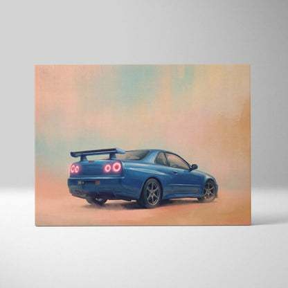 Nissan GT-R R34 Inspired Car Wall Art - Blue JDM Sports Vehicle Canvas Print for Bedroom