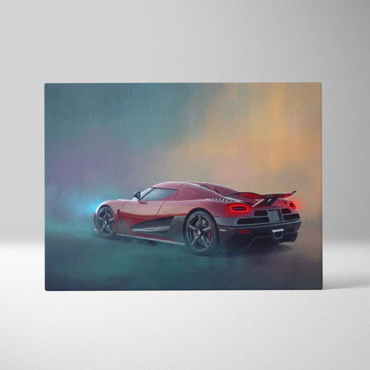 Koenigsegg agera inspired car wall art featuring a red and black sports car in smoky stylized canvas painting print