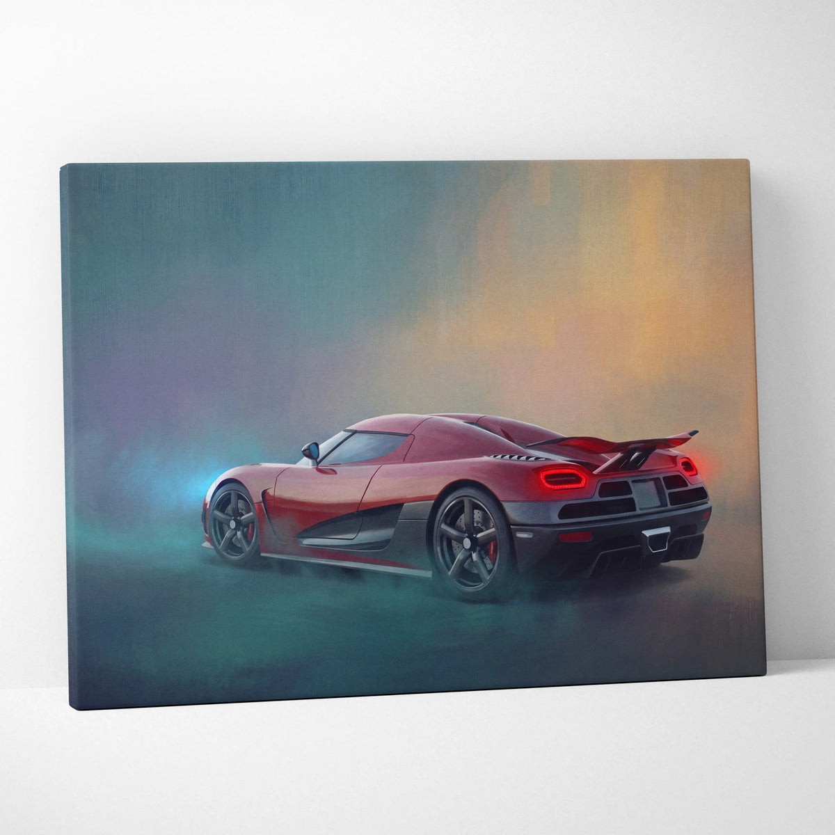 Koenigsegg agera inspired track edition canvas painting print showing red and black car in motion on smoky background