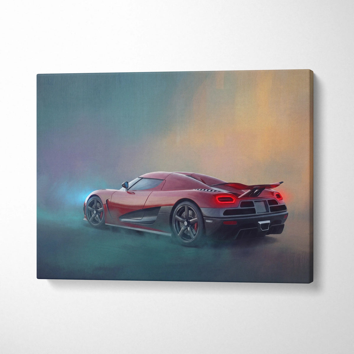 Koenigsegg agera inspired car wall art canvas print featuring red and black car in motion with glowing lights