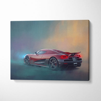 Koenigsegg agera inspired car wall art canvas print featuring red and black car in motion with glowing lights