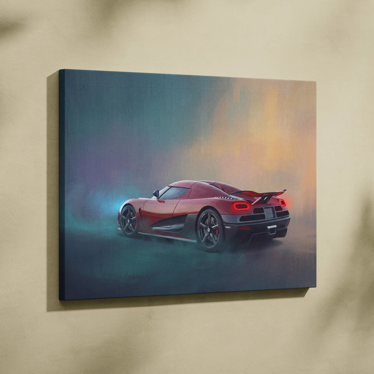 Red Koenigsegg Agera RS sports car canvas print featuring track edition wall art for car enthusiasts