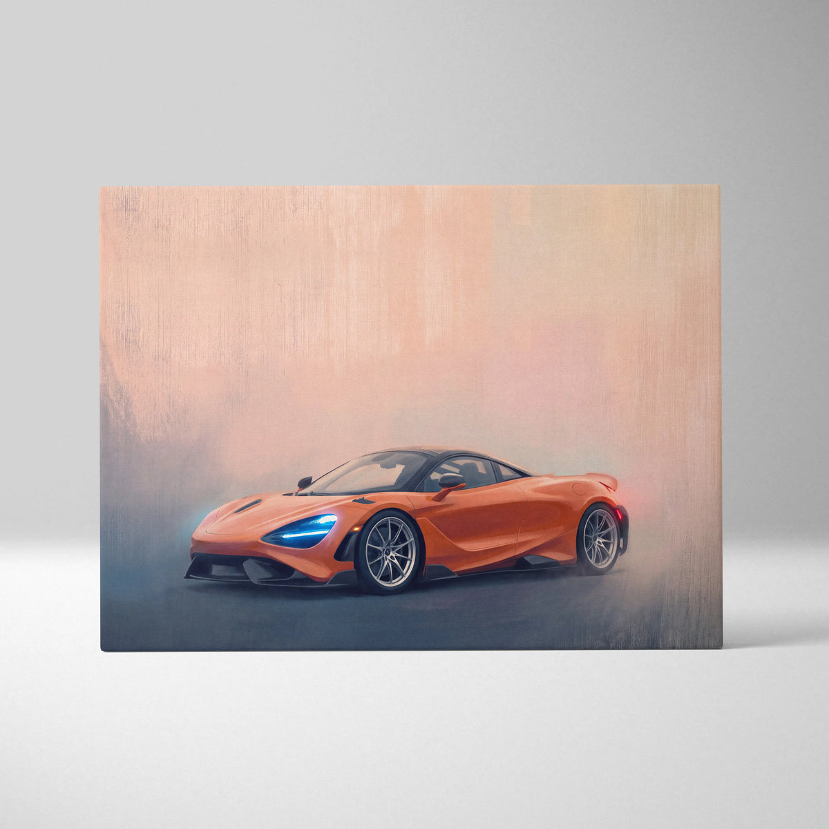 Vibrant orange McLaren 720S inspired luxury supercar canvas print featuring dynamic smoky artistic wall art