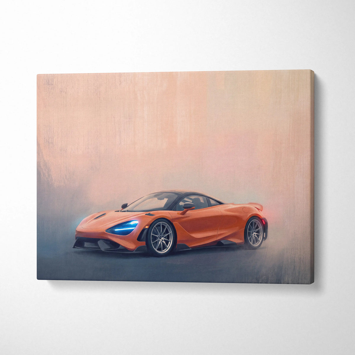 Orange McLaren 720S luxury supercar canvas print with glowing blue headlights and sleek aerodynamic design wall art