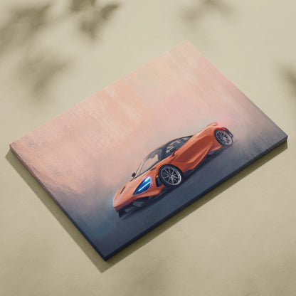 Orange mclaren 720s inspired sports car canvas print with glowing blue headlights and sleek aerodynamic design
