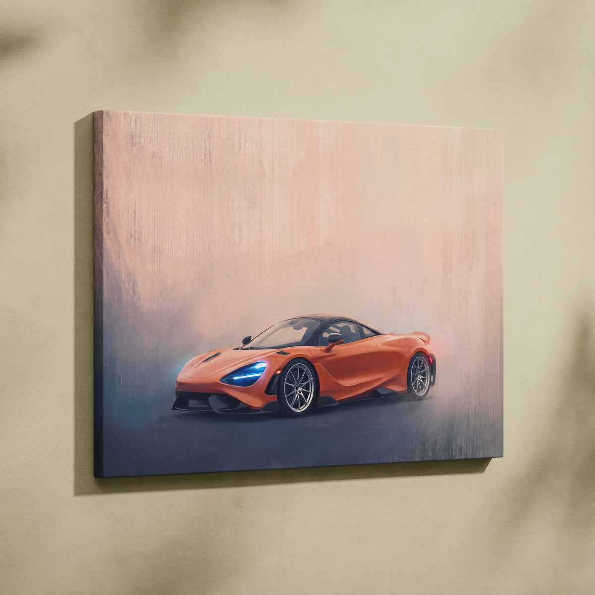 Orange McLaren 720S sports car canvas print with glowing blue headlights and sleek aerodynamic design wall art