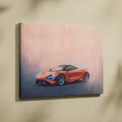 Orange McLaren 720S sports car canvas print with glowing blue headlights and sleek aerodynamic design wall art