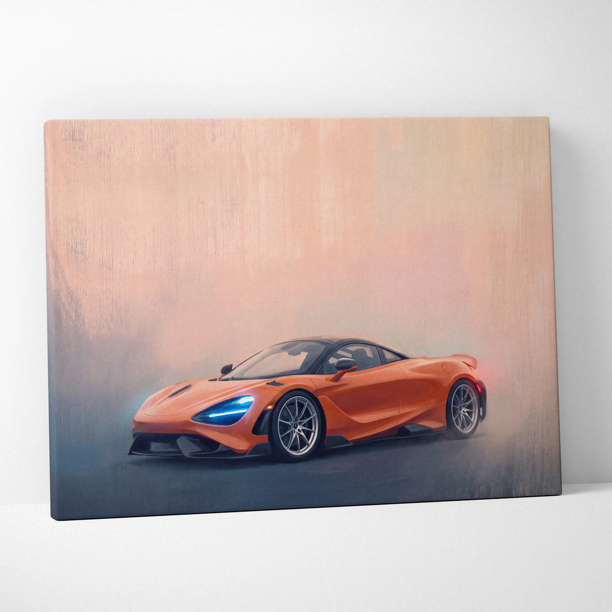 Vibrant orange mclaren 720s luxury supercar canvas print featuring a dynamic painterly automotive wall art design