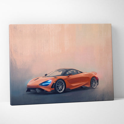 Vibrant orange mclaren 720s luxury supercar canvas print featuring a dynamic painterly automotive wall art design