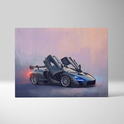 McLaren 720s inspired canvas art featuring a sleek dark gray McLaren Senna with dihedral doors and glowing blue headlights