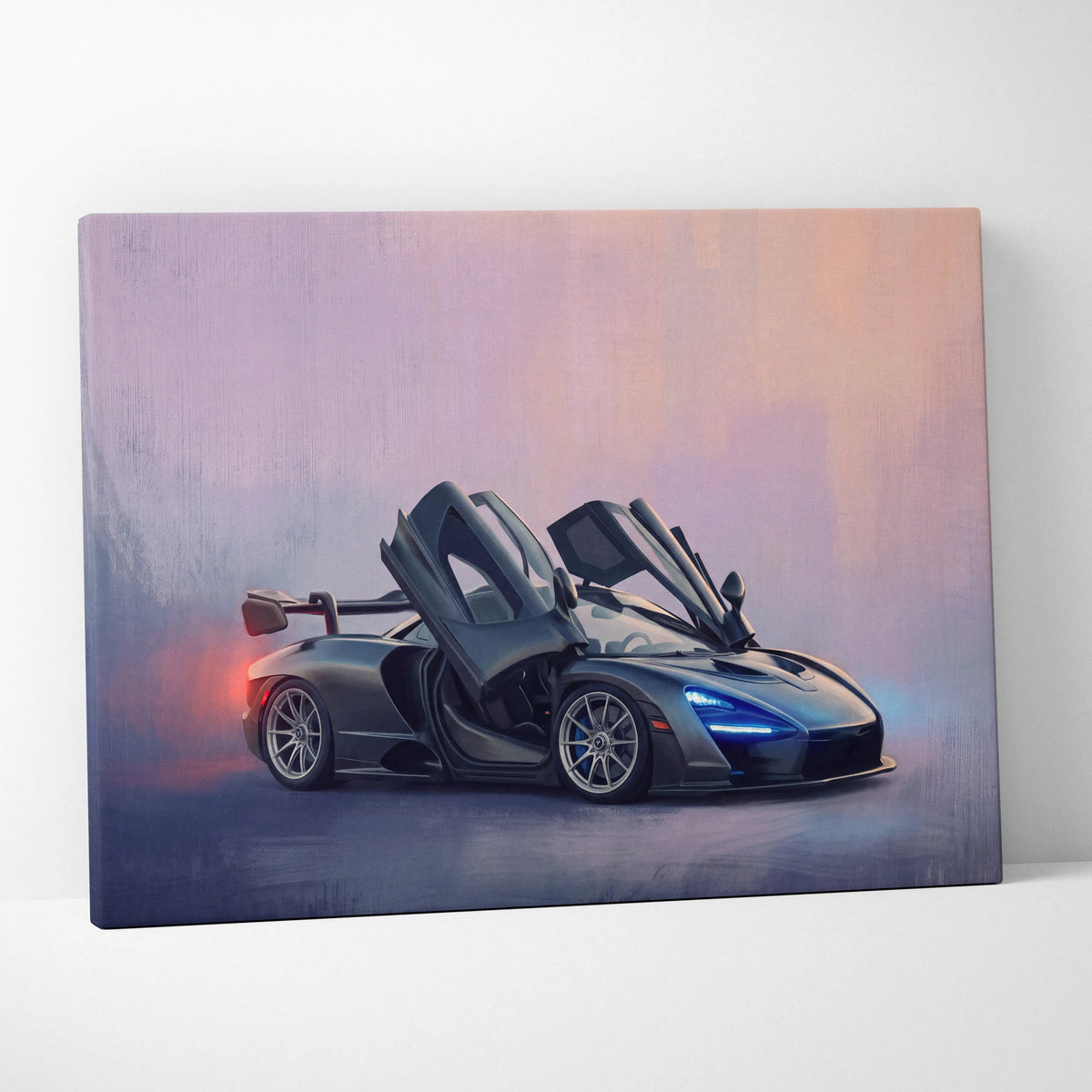 Black mclaren 720s sports car with open doors on a canvas painting premium automotive wall decor