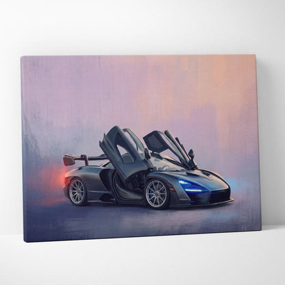 Black mclaren 720s sports car with open doors on a canvas painting premium automotive wall decor