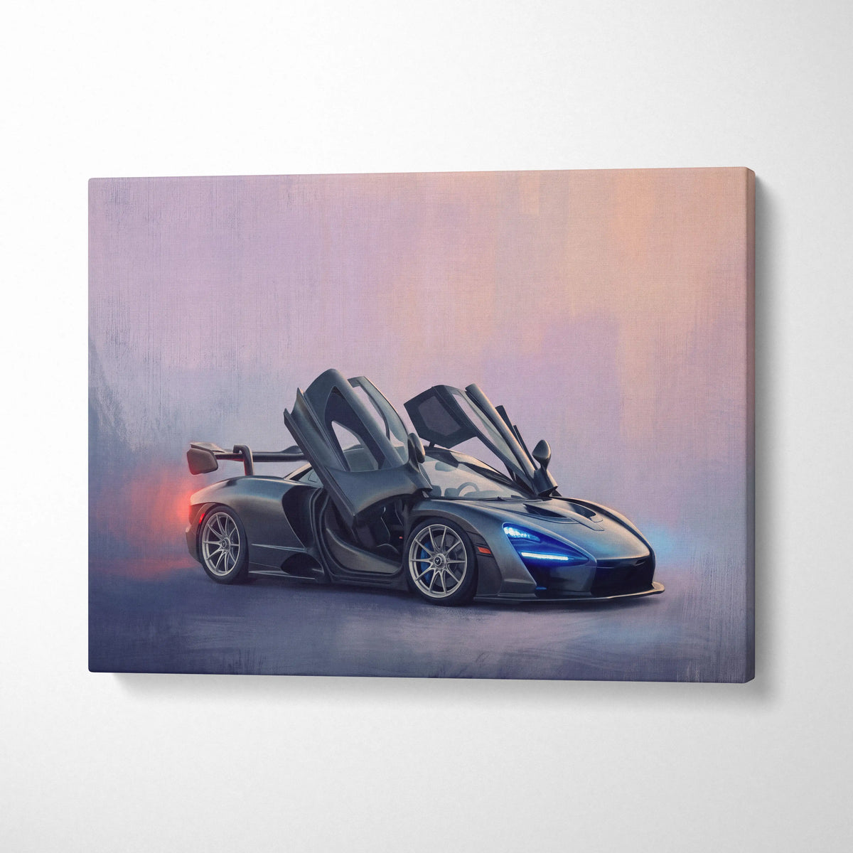 McLaren 720S inspired canvas art featuring a sleek black sports car with open doors for premium wall decor