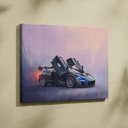 A sleek black McLaren sports car with glowing blue headlights and red exhaust flames on canvas wall art